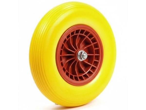 Kruiwagenwiel 4.00-8 pu plastic geel, rollager, asgat 20 mm, naaflengte 130 mm